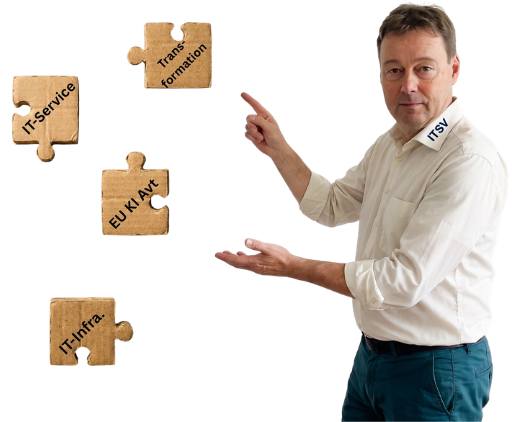 Kompetenzbereiche von IT Service Vesenmeier: Transformation, KI, IT-Service-Management und IT-Infrastruktur.