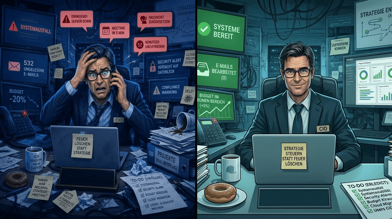 Vorher/Nachher-Vergleich: links eine IT ohne strategische Führung mit Investitionen ohne Richtung, rechts dieselbe IT mit CIO auf Zeit, klarer Roadmap und Prioritäten.